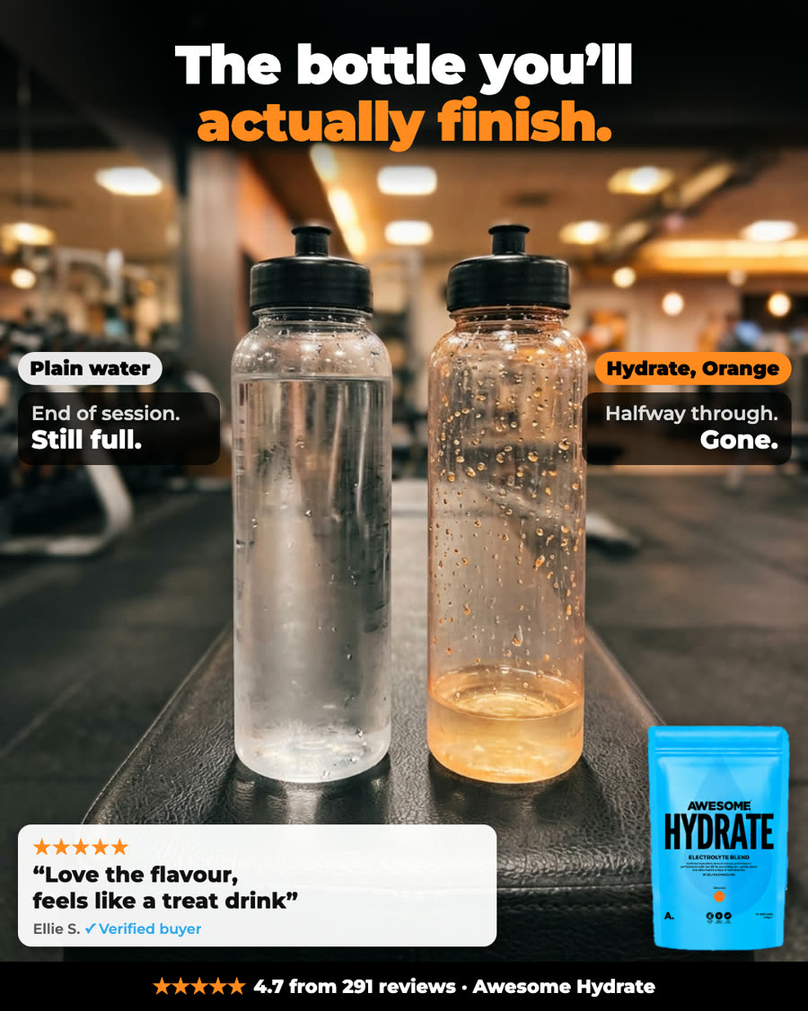 Static ad: The bottle you'll actually finish. A full bottle of plain water next to an empty bottle of the electrolyte drink.