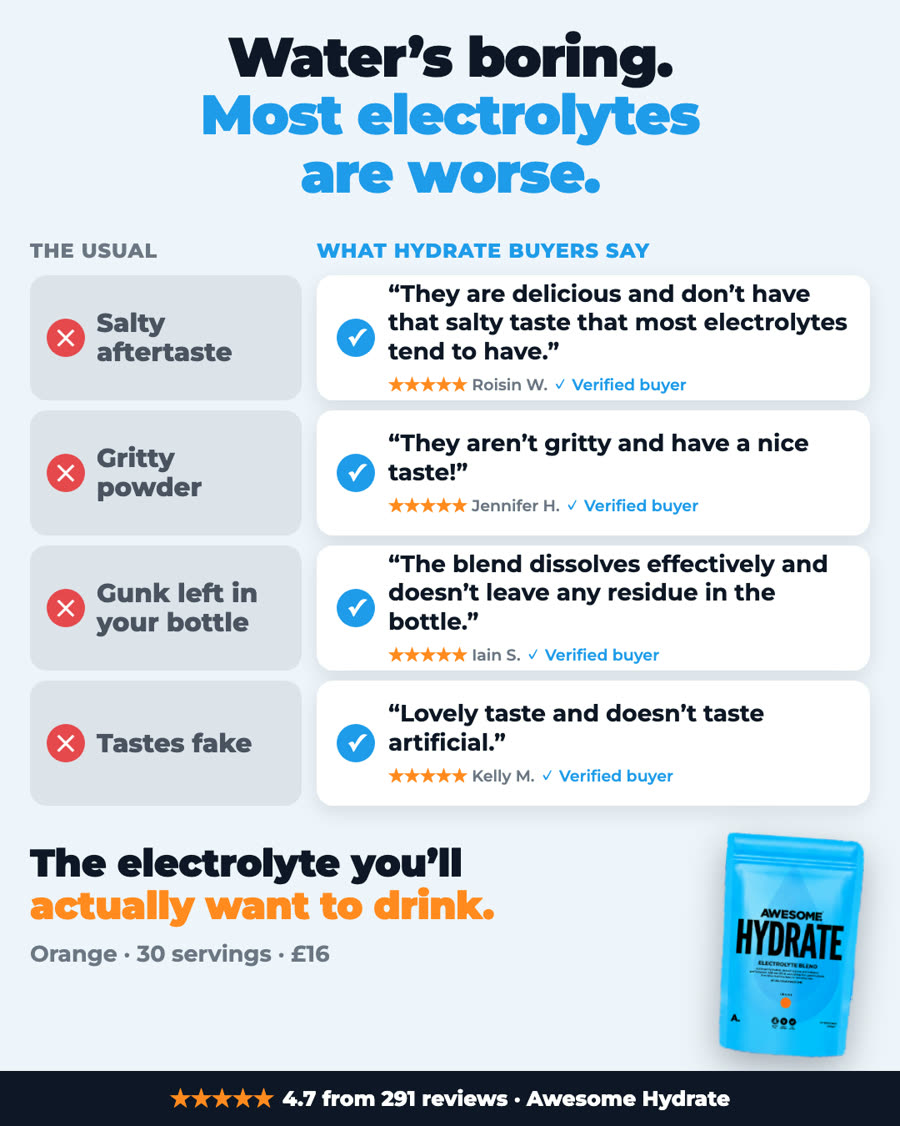 Comparison static: Water's boring. Most electrolytes are worse. The usual problems on the left, verified reviews on the right.